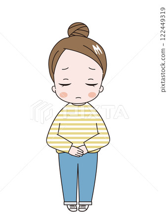一位年輕可愛的女子穿著條紋襯衫,梳著髮髻,滿臉悲傷地道歉 一位年輕可愛的女子穿著條紋襯衫,梳著髮髻,滿臉悲傷地道歉 122449319