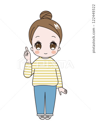 一位年輕可愛的女子穿著條紋襯衫,頭髮綁成髮髻,微笑著指著 一位年輕可愛的女子穿著條紋襯衫,頭髮綁成髮髻,微笑著指著 122449322