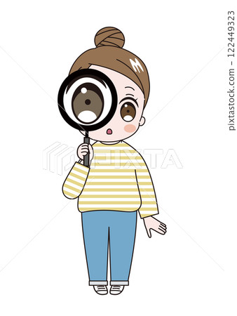 An illustration of a young cute woman wearing a striped shirt with her hair in a bun, surprised to discover something with a magnifying glass An illustration of a young cute woman wearing a striped shirt with her hair in a bun, surprised to discover something with a magnifying glass 122449323