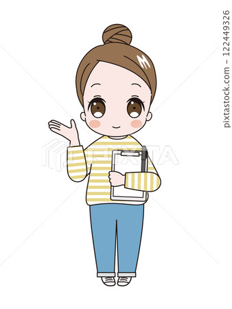 A young cute woman wearing a striped shirt with her hair in a bun, holding a binder and making a please pose with her right hand A young cute woman wearing a striped shirt with her hair in a bun, holding a binder and making a please pose with her right hand 122449326