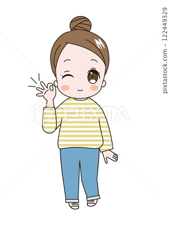 插圖：一位年輕可愛的女士身穿條紋襯衫，梳著微笑的髮髻，擺出「OK」的姿勢眨眼 122449329
