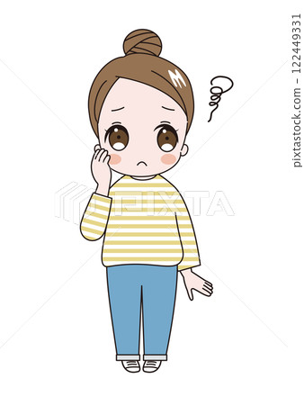 An illustration of a young cute woman wearing a striped shirt with her hair in a bun, worried about her mood An illustration of a young cute woman wearing a striped shirt with her hair in a bun, worried about her mood 122449331
