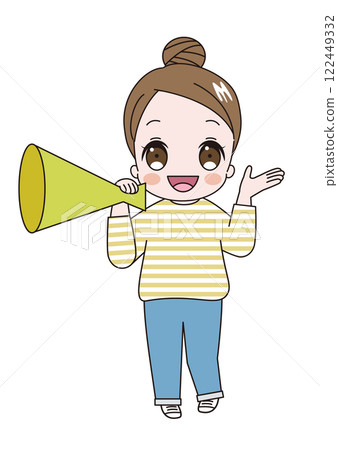一位年輕可愛的女子穿著條紋襯衫,梳著髮髻,手裡拿著擴音器大聲喊叫 一位年輕可愛的女子穿著條紋襯衫,梳著髮髻,手裡拿著擴音器大聲喊叫 122449332