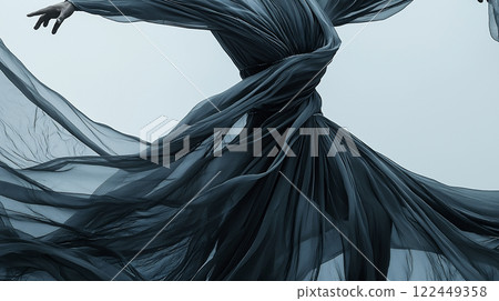 Expressive male dancer performs with flowing fabric in an artistic setting during a creative dance session Expressive male dancer performs with flowing fabric in an artistic setting during a creative dance session 122449358