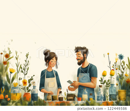 Young couple with flowers. A man and a woman transplanting indoor plants. Gardening and horticulture. Botany and floristics. Indoor comfort and cosiness. Postcard. Banner. For notes. Cartoon 122449386
