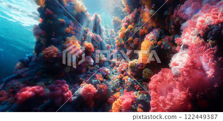 Breathtaking underwater scenery with picturesque coral reefs illuminated by the sun's rays penetrating through the turquoise water. A variety of corals and sea anemones create a magical. Breathtaking underwater scenery with picturesque coral reefs illuminated by the sun's rays penetrating through the turquoise water. A variety of corals and sea anemones create a magical. 122449387