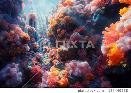 Breathtaking underwater scenery with picturesque coral reefs illuminated by the sun's rays penetrating through the turquoise water. A variety of corals and sea anemones create a magical. 122449388