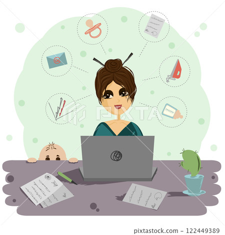 A woman working at a laptop with a baby peeking out from behind her desk. Around the woman are icons symbolizing different aspects of her life a pacifier, a letter, a schedule, a document. 122449389