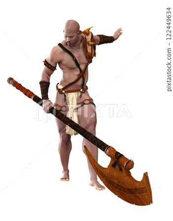 3D Dark skinned warrior with loincloth and axe 3D Dark skinned warrior with loincloth and axe 122449634