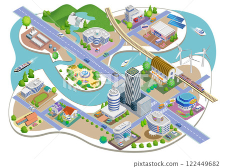 Illustration of a smart city streetscape rooted in daily life (variations available) 122449682