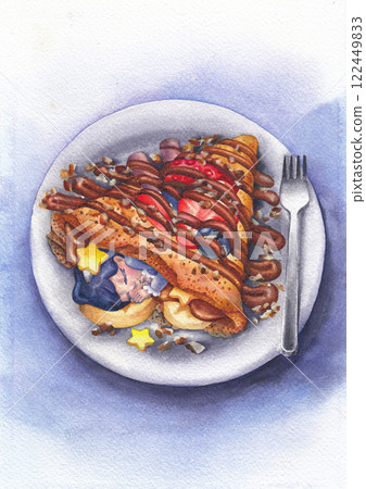 Cute brunette girl with a star hair clip snoozes in a sweet pancake 122449833