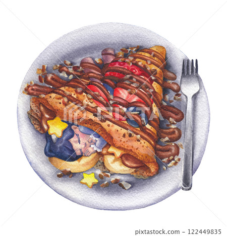 Cute brunette girl with a star hair clip snoozes in a sweet pancake 122449835