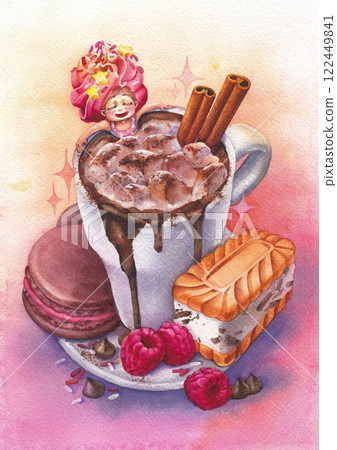 A cute girl with whipped cream on her head relaxing in a mug of hot chocolate, with marshmallows A cute girl with whipped cream on her head relaxing in a mug of hot chocolate, with marshmallows 122449841