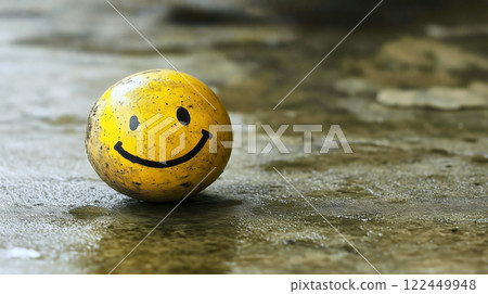 Dirty yellow ball showing a smiley face lying on wet ground 122449948