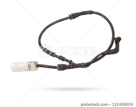 Brake pad wear sensor - car brake system spare part and element on white isolated background. Auto service industry. Spare parts catalog. 122450059