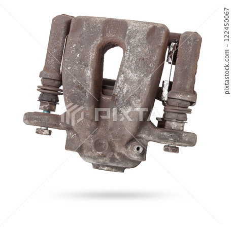 Old metal brake caliper on a white background for replacement during the repair of the chassis or for a catalog of spare parts for sale on auto parsing. 122450067