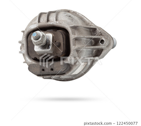 Metal bracket - a supporting part or structure used to mount car elements on a white isolated background in a photo studio. Spare parts for replacement or sale in a car service. Metal bracket - a supporting part or structure used to mount car elements on a white isolated background in a photo studio. Spare parts for replacement or sale in a car service. 122450077