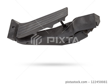 Gas pedal on a white isolated background in a photo studio for sale in a car service. Black auto part for replacement during repair in the workshop. Spare part junkyard. Gas pedal on a white isolated background in a photo studio for sale in a car service. Black auto part for replacement during repair in the workshop. Spare part junkyard. 122450081