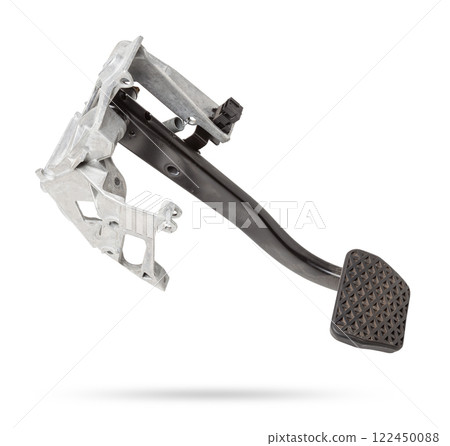 Brake pedal on a white isolated background in a photo studio for sale in a car service. Black auto part for replacement during repair in the workshop. Spare part junkyard. Brake pedal on a white isolated background in a photo studio for sale in a car service. Black auto part for replacement during repair in the workshop. Spare part junkyard. 122450088