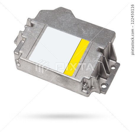 car engine control unit with metal elements on a white isolated background is the connecting center of various subsystems, units and assemblies. Monitoring the state of the moment. Spare part 122450116