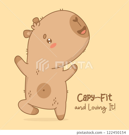 Adorable Capybara Athlete is engaged in fitness. Funny cartoon kawaii character animal sportsman yogi with motivational quote. Vector illustration. Kids collection Adorable Capybara Athlete is engaged in fitness. Funny cartoon kawaii character animal sportsman yogi with motivational quote. Vector illustration. Kids collection 122450154
