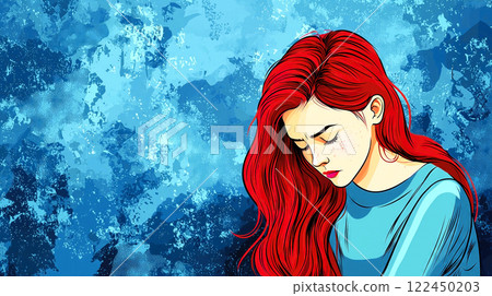 Sad redhead woman looking down reflecting on blue background 122450203