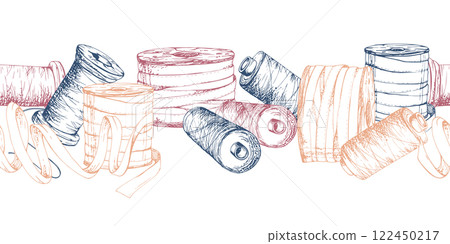 Sewing craft embroidery supplies. Ribbon lace thread floss skein bobbins spools. Hand drawn ink vector illustration. Seamless banner isolated on white background. Design atelier, tailor, hobby shop 122450217