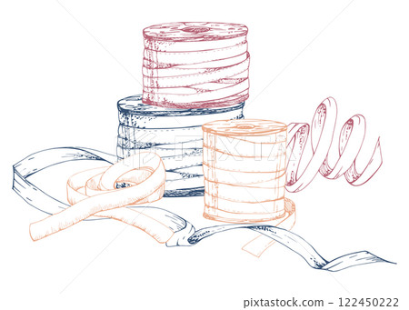 Sewing craft embroidery supplies, ribbon lace bobbins spools. Hand drawn ink vector illustration. Composition isolated on white background. Design atelier, tailor, hobby shop, fashion boutique 122450222