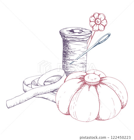 Wooden thread spool bobbin, pin cushion, ribbon, sewing craft embroidery supplies. Hand drawn ink vector illustration. Composition isolated on white background. Design atelier, tailor, hobby shop Wooden thread spool bobbin, pin cushion, ribbon, sewing craft embroidery supplies. Hand drawn ink vector illustration. Composition isolated on white background. Design atelier, tailor, hobby shop 122450223