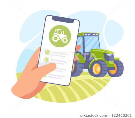 Farming Technology with Hand Use Smartphone App Vector Illustration 122450261