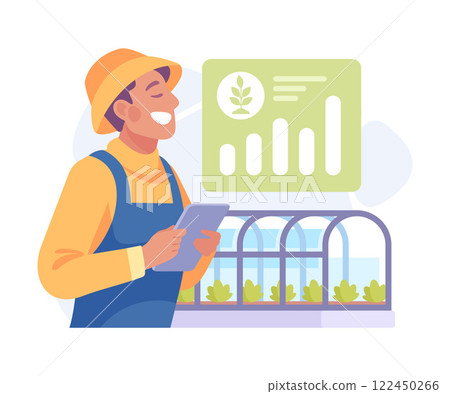 Farming Technology with Man Farmer with Tablet Managing Crop Growing Vector Illustration 122450266