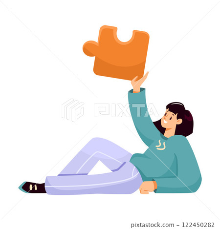 Woman Team Member Character Hold Jigsaw Puzzle Vector Illustration 122450282