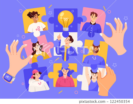 Teamwork Puzzle with Man and Woman Employee Collaboration Vector Illustration Teamwork Puzzle with Man and Woman Employee Collaboration Vector Illustration 122450354