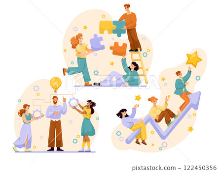 Teamwork Composition with Man and Woman Employee Collaboration Vector Set 122450356