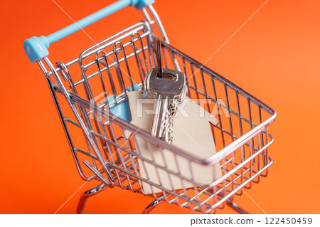 Home keys in small shopping cart. Bright creative orange color background. Keychain with wooden house shape. Conceptual miniature Home keys in small shopping cart. Bright creative orange color background. Keychain with wooden house shape. Conceptual miniature 122450459