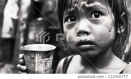 Poor young girl holding a paper cup and looking upwards Poor young girl holding a paper cup and looking upwards 122450757