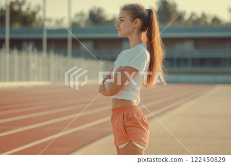 Teenage girl runner standing near the stadium running track closeup 122450829