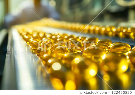 Vitamin D-3 softgel capsules on conveyor belt of automated equipment. Supplement production process at pharmaceutical factory 122450830