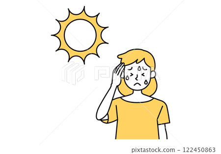 Vector illustration of a woman suffering from a headache in the hot sun. Heat stroke prevention, sun, sunlight, simple, cute, summer fatigue 122450863