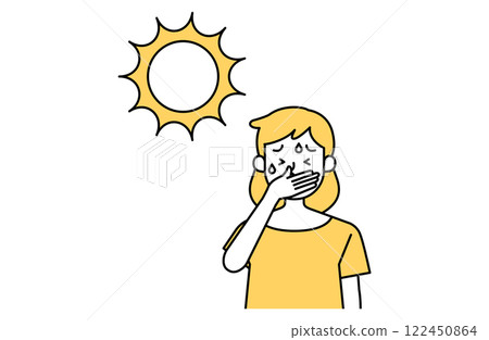 Vector illustration of a woman feeling unwell in the hot sun. Heat stroke prevention, sun, sunlight, simple, cute, summer fatigue 122450864