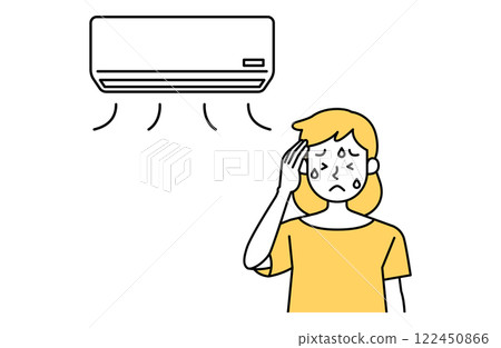Vector illustration of a woman having a headache indoors Heat stroke prevention Indoor Air conditioner Summer fatigue Simple Cute 122450866