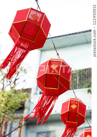 Spring festival, Lunar or Chinese new year lanterns decorated over street in old town, Thailand. 122450932