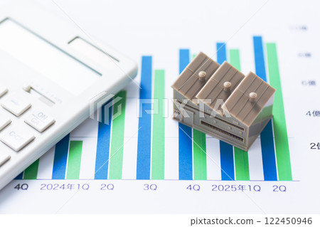 Company performance graph, factory and calculator 122450946
