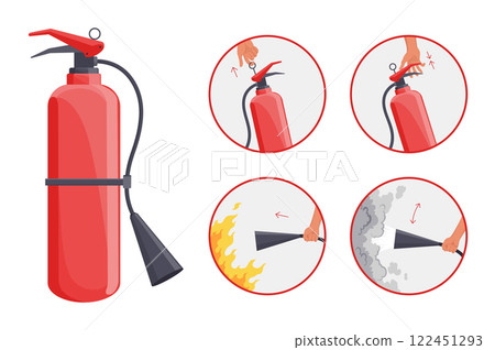 Fire extinguisher instruction. Fire prevention and extinguishing tips. Safety Information, poster or banner for website. Cartoon flat vector illustrations isolated on blue background 122451293