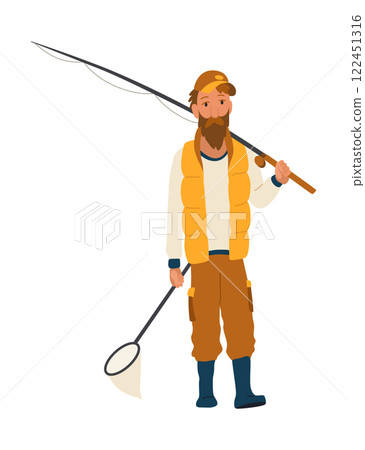 Cartoon men fishing. Male fishermen character with fishing rods on lake, summer catching process, men hobby recreation, leisure time, vector Cartoon men fishing. Male fishermen character with fishing rods on lake, summer catching process, men hobby recreation, leisure time, vector 122451316