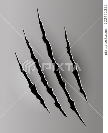 Bear or tiger claw mark. Scratches and torn traces of vector animal paw slashes. Hole in sheet of paper with torn edges. Vector illustration 122451332