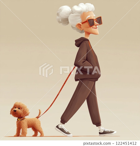 Stylish Elderly Woman Walking Dog in Urban Park 122451412