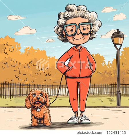 Stylish Elderly Woman Walking Dog in Urban Park 122451413
