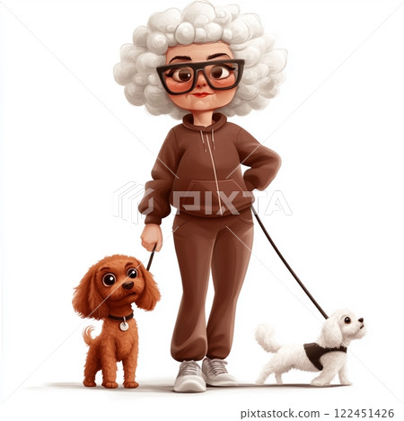 Stylish Elderly Woman Walking Dog in Urban Park 122451426