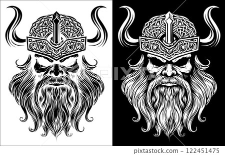 Viking Warrior Man Strong Mascot Face in Helmet 122451475